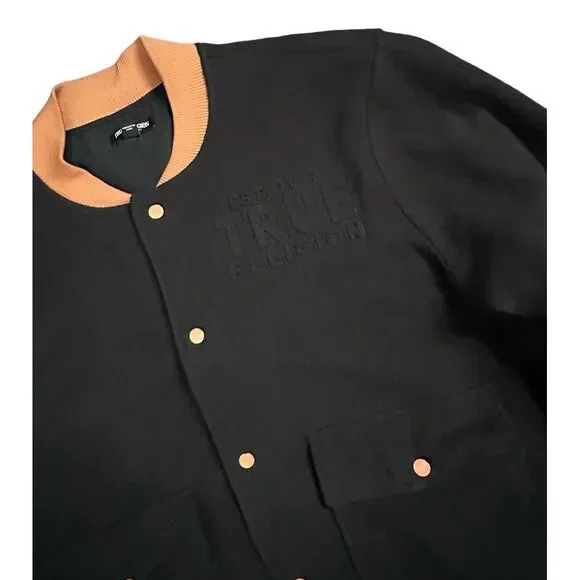 True Religion‎ Fleece Bomber Utility Jacket Mens Size L Jet Black $199